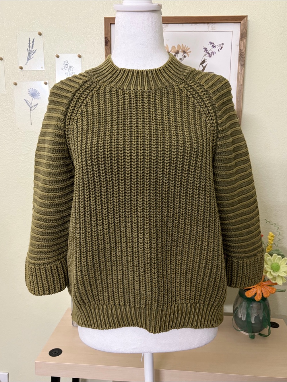 Maeve Anthropologie Mackenzie Chunky Ribbed Sweater Olive Boho Cabincore XS - Picture 6 of 10
